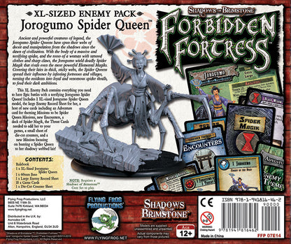 Shadows of Brimstone Jorogumo Spider Queen XL pack: Unpainted grey spider-woman miniature with fan, next to game cards