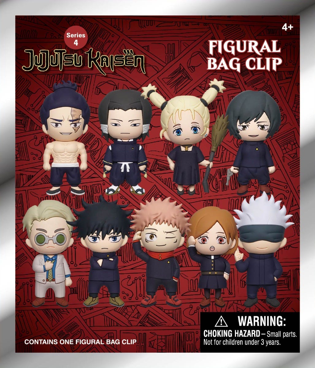 Jujutsu Kaisen Series 4 figural bag clips display with 9 anime characters, including Gojo, Yuji, & Nanami, against a red patterned background