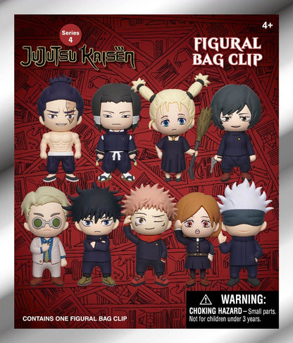 Jujutsu Kaisen Series 4 figural bag clips display with 9 anime characters, including Gojo, Yuji, & Nanami, against a red patterned background