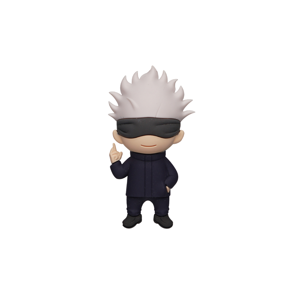 Chibi Satoru Gojo figure with spiky white hair, black blindfold, and dark uniform, pointing up with one hand