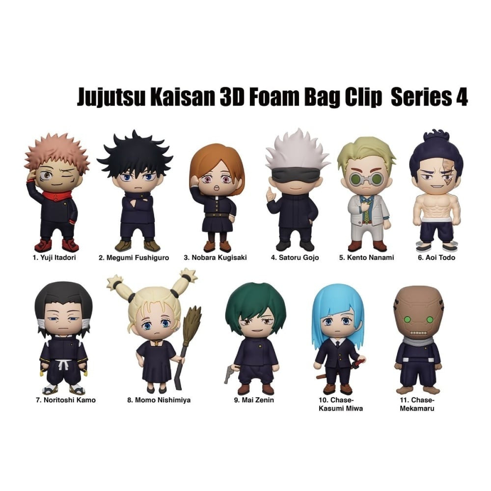 Jujutsu Kaisen 3D Foam Bag Clip Series 4 featuring 11 chibi figures of characters like Yuji Itadori, Satoru Gojo, and Kento Nanami