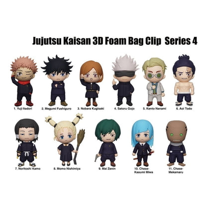 Jujutsu Kaisen 3D Foam Bag Clip Series 4 featuring 11 chibi figures of characters like Yuji Itadori, Satoru Gojo, and Kento Nanami