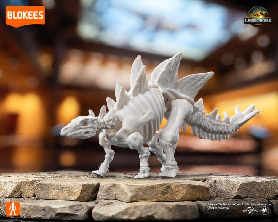 White Stegosaurus dinosaur skeleton model standing on a rocky display base