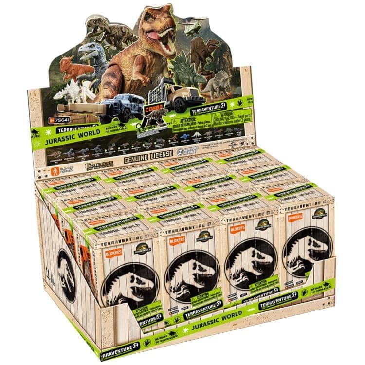 Jurassic World Blokees Terraventure retail display box, featuring a large T-Rex model and many crate-like toy packages