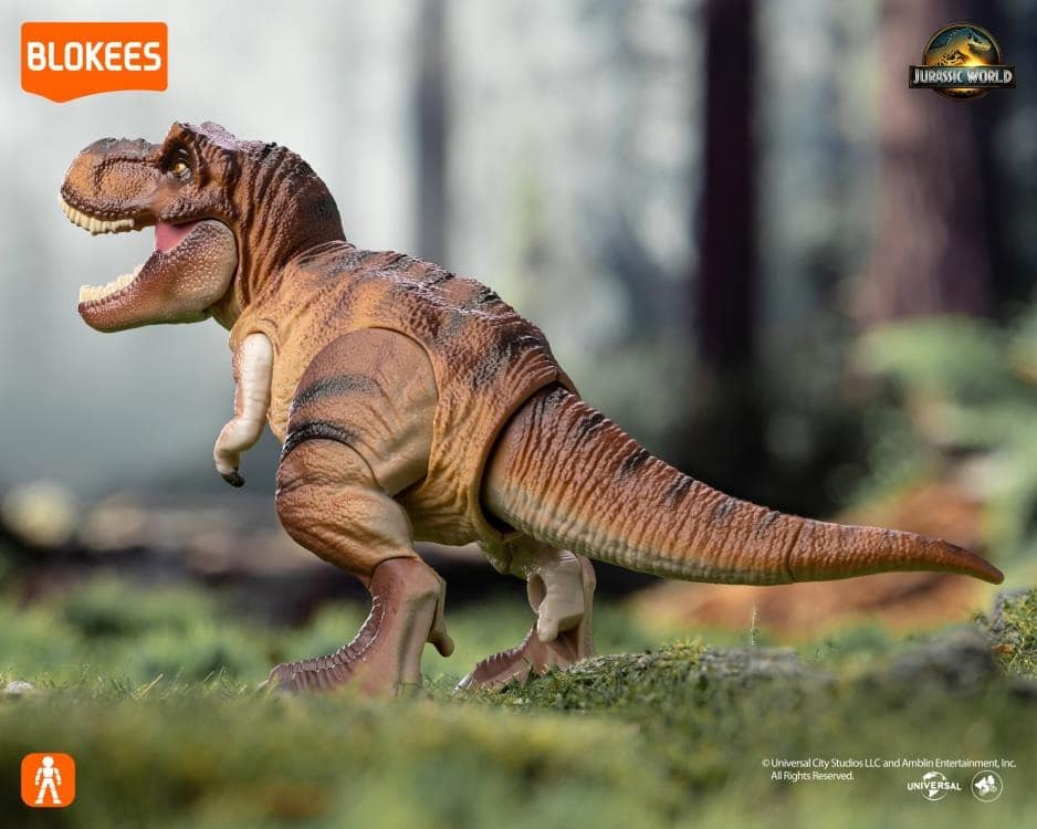 Brown Jurassic World T. rex action figure roaring, standing on mossy ground with a blurred forest background