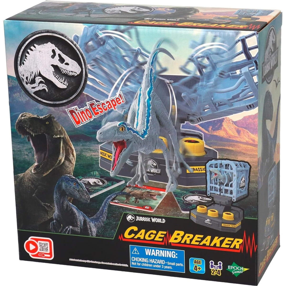 Jurassic World Cage Breaker game box shows a blue raptor breaking free from a gray cage structure