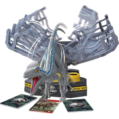 Blue Velociraptor toy bursts from a breaking gray cage on a Jurassic World game base, with cards