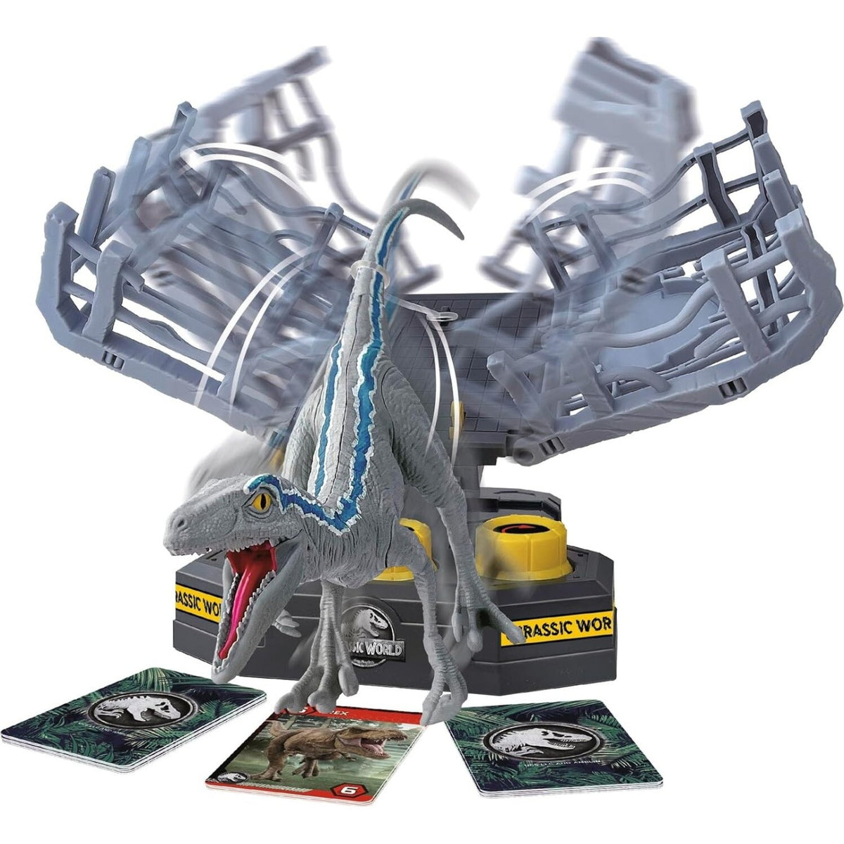 Blue Velociraptor toy bursts from a breaking gray cage on a Jurassic World game base, with cards