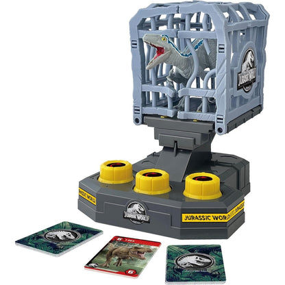Jurassic World game with a caged, roaring Velociraptor, buttons, and cards