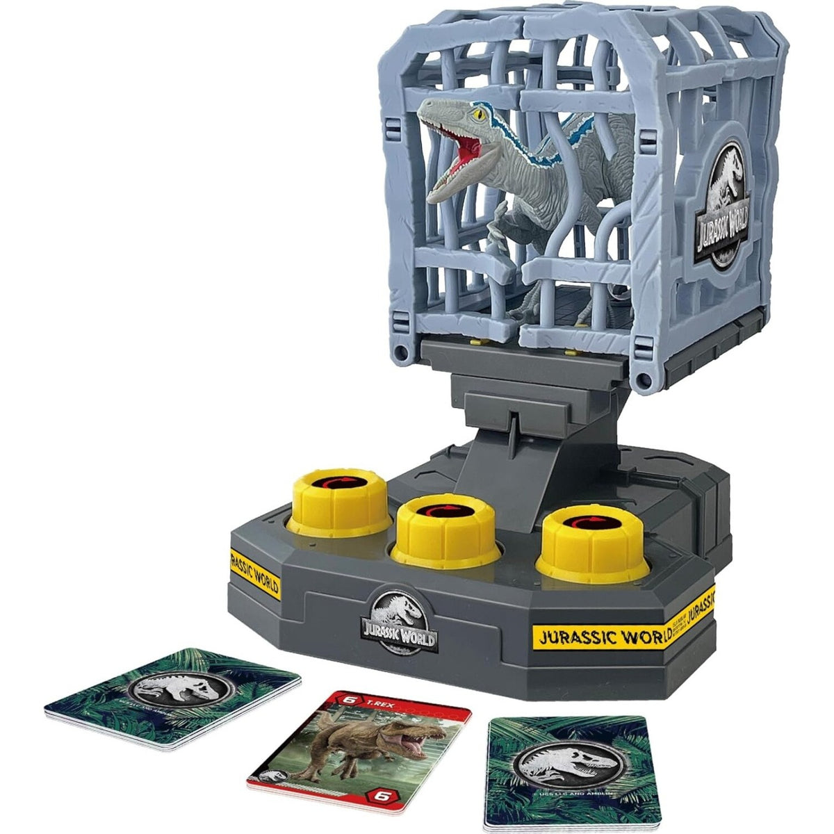 Jurassic World game with a caged, roaring Velociraptor, buttons, and cards