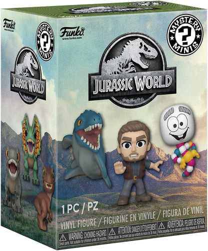 Jurassic World Funko Mystery Minis box featuring stylized Owen Grady, Blue, and other dinosaur figures