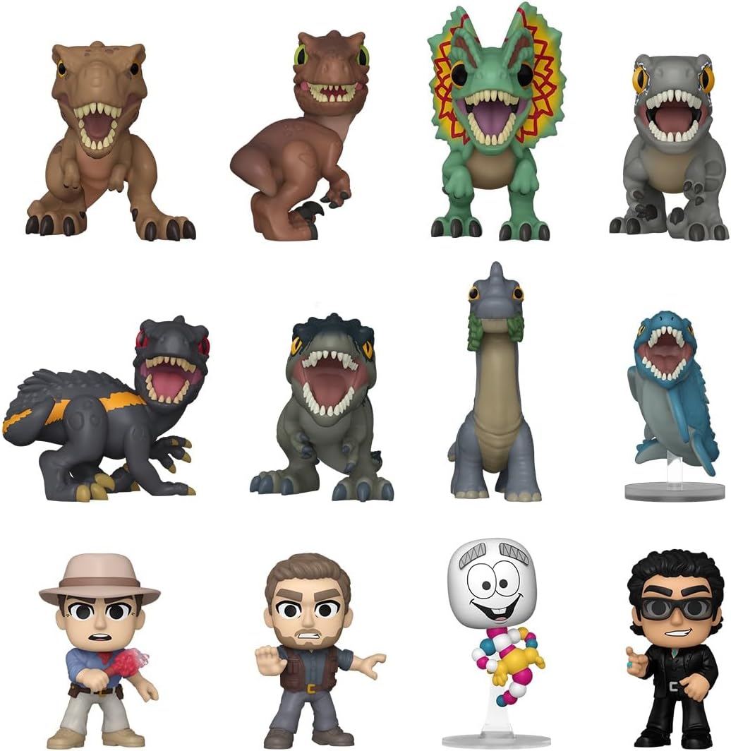 A grid of 12 stylized collectible figures: 8 roaring Jurassic Park/World dinosaurs and 4 human characters