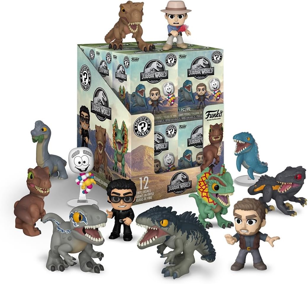 Jurassic World Funko Mystery Minis box surrounded by 12 vinyl dinosaur and human figures