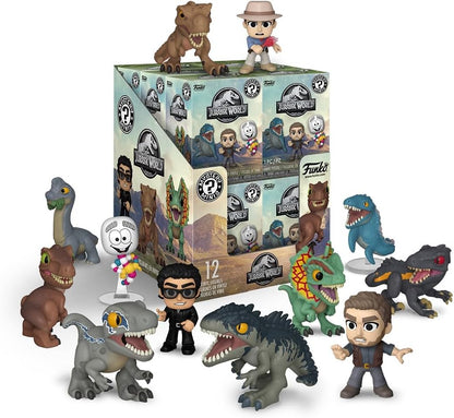 Jurassic World Funko Mystery Minis box surrounded by 12 vinyl dinosaur and human figures