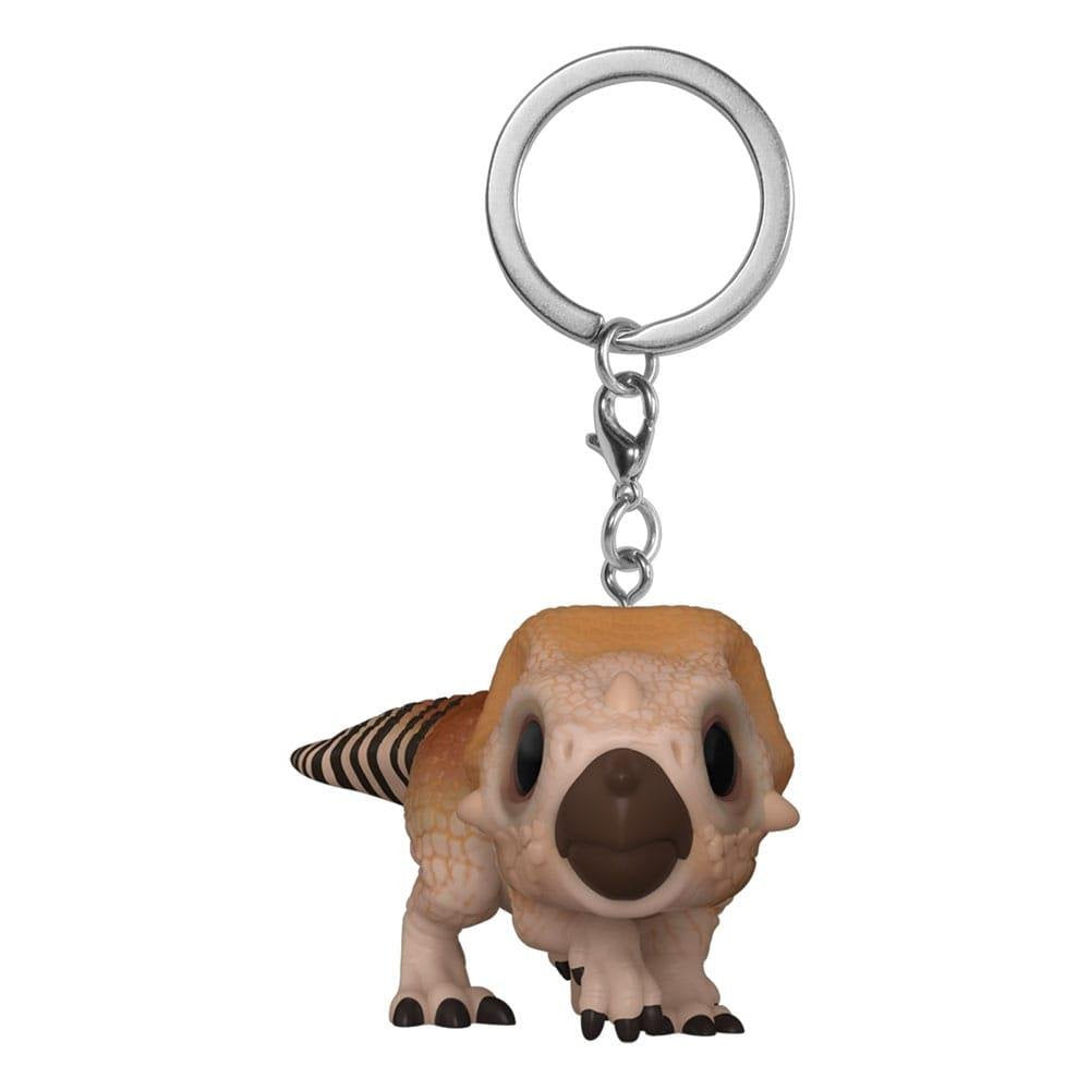 Funko Pop Baby Nasutoceratops dinosaur keychain, tan and brown collectible figure with large head, dark snout, striped tail, and silver keyring
