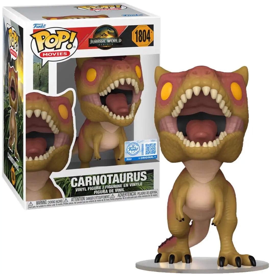 Funko Pop! Jurassic World Dominion Carnotaurus vinyl figure, tan with red accents, open mouth, sharp teeth, and yellow eyes, next to its box
