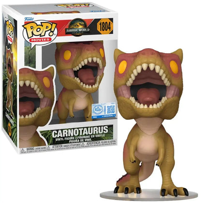 Funko Pop! Jurassic World Dominion Carnotaurus vinyl figure, tan with red accents, open mouth, sharp teeth, and yellow eyes, next to its box