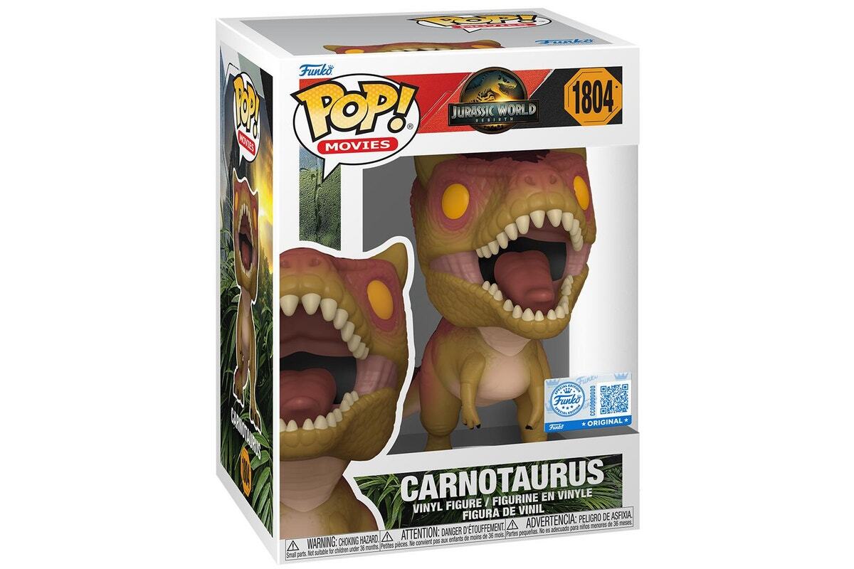 Funko Pop! Movies #1804 Carnotaurus vinyl figure from Jurassic World Dominion in its clear display box, showing an open mouth, sharp teeth, and yellow eyes