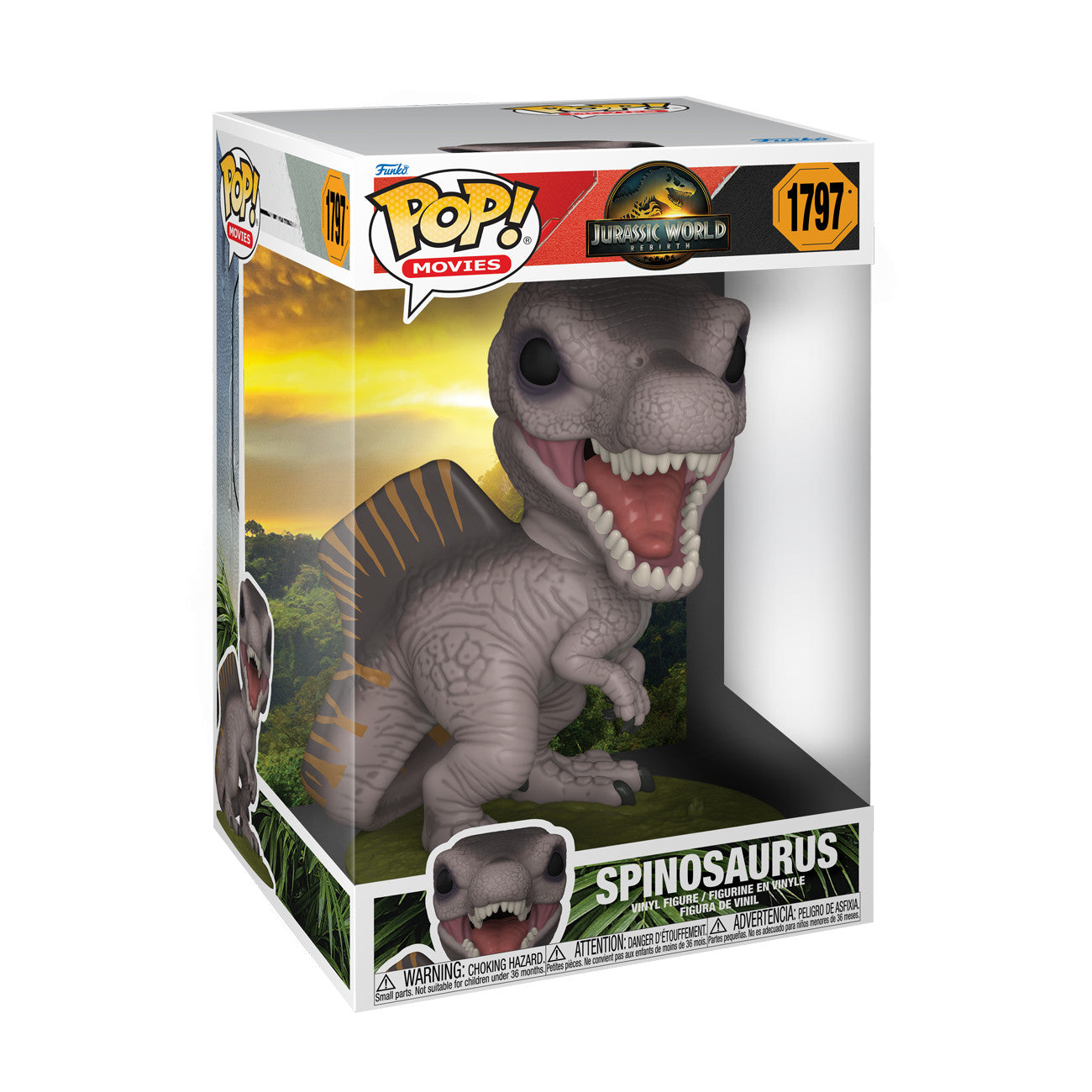 Funko Pop! Movies #1797 Jurassic World Rebirth Spinosaurus vinyl figure in box, grey with orange stripes, roaring, with jungle background