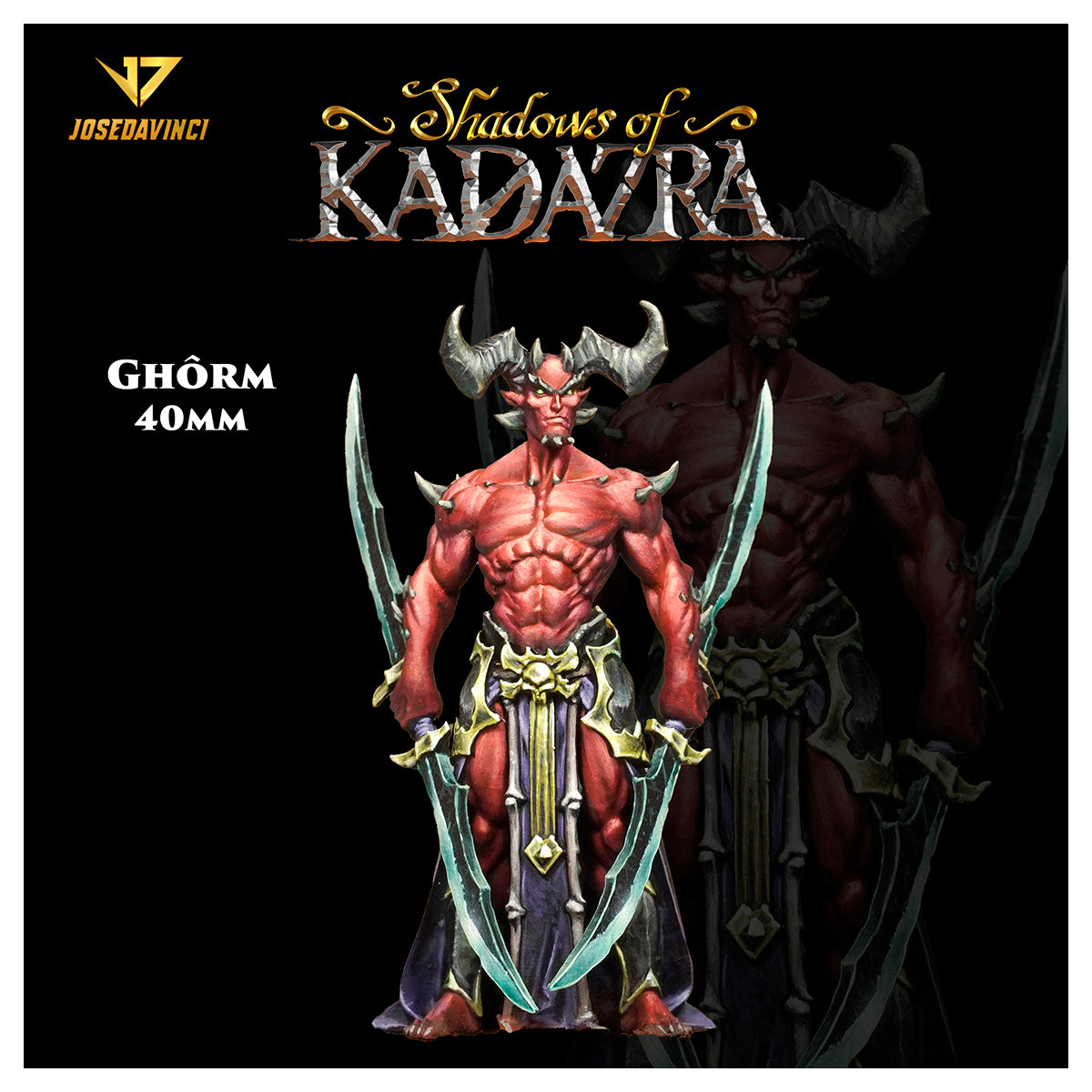40mm miniature of GhÅrm, a muscular red-skinned demon with horns and spikes, holding two curved swords