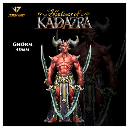 40mm miniature of GhÅrm, a muscular red-skinned demon with horns and spikes, holding two curved swords