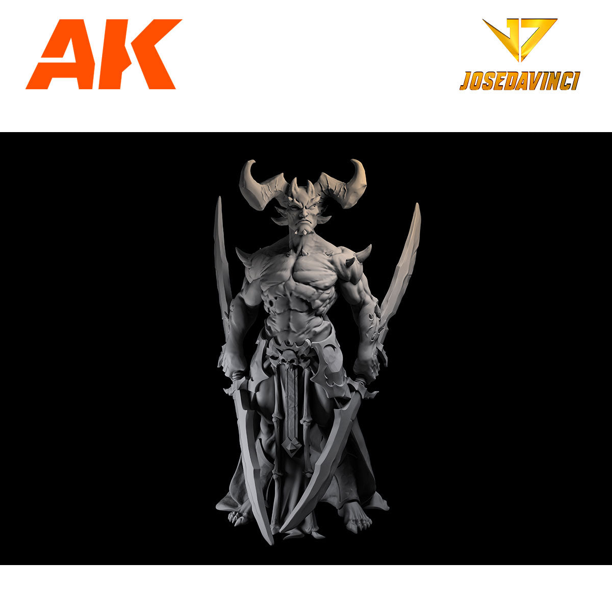 Gray 3D render of a muscular, horned demon warrior standing with two curved swords
