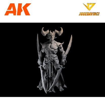 Gray 3D render of a muscular, horned demon warrior standing with two curved swords