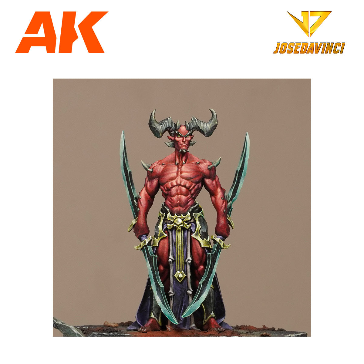 A painted miniature of a red-skinned, horned demon with prominent muscles, holding two curved swords