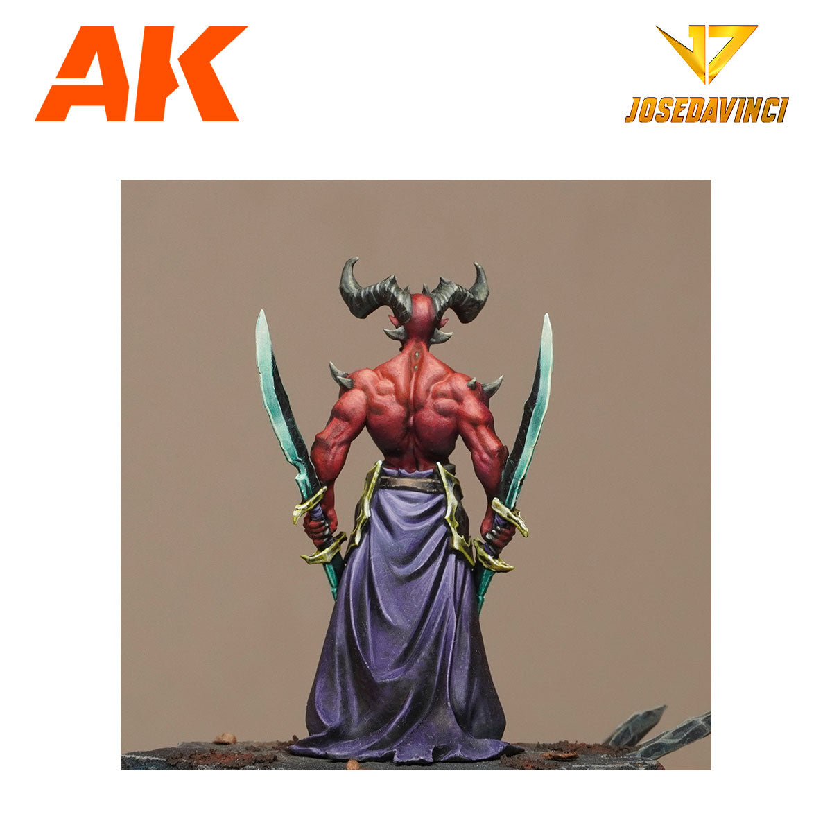 Red demon miniature, back view, with horns, shoulder spikes, purple robes, and two curved swords