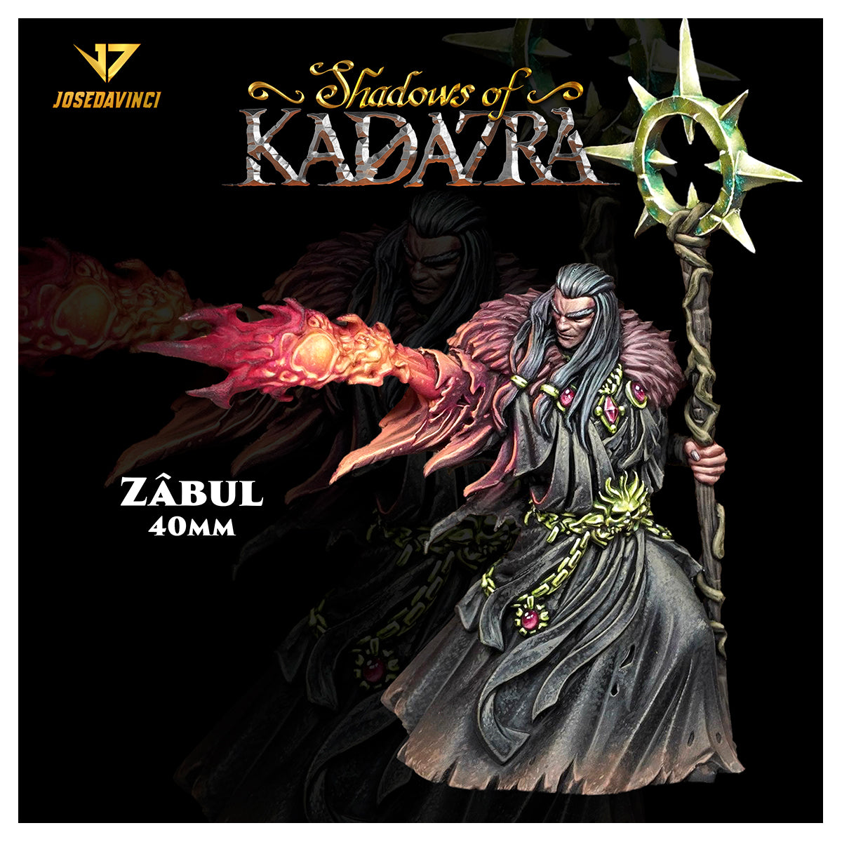 Painted ZÃbul 40mm fantasy miniature: A wizard in dark robes casting a fiery spell, holding a star-topped staff
