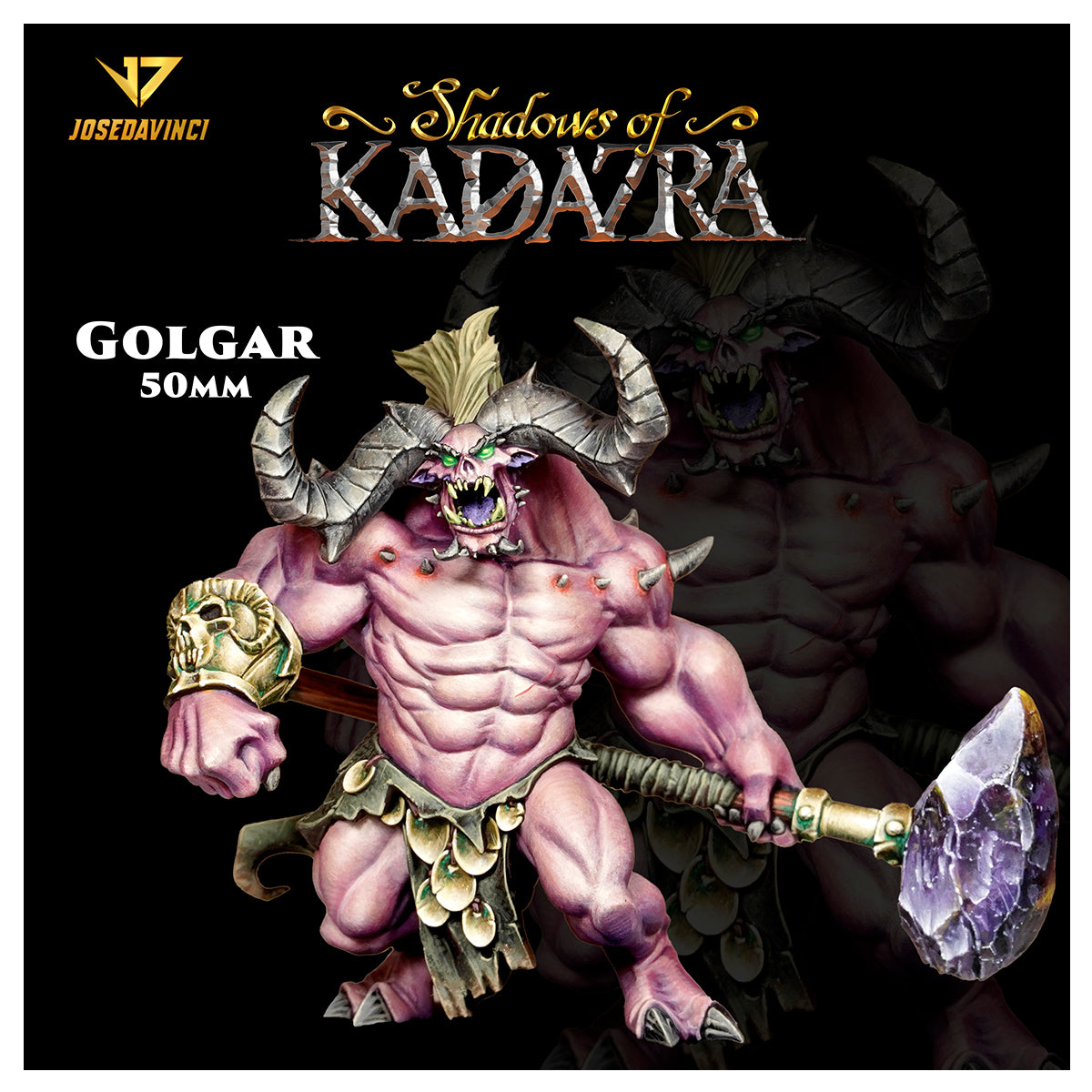 Box cover showing A detailed miniature of Golgar, a muscular purple demon with horns holding a large crystal hammer