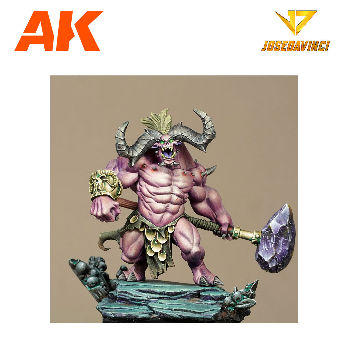 A painted miniature of a purple, muscular, horned demon holding a large crystal hammer
