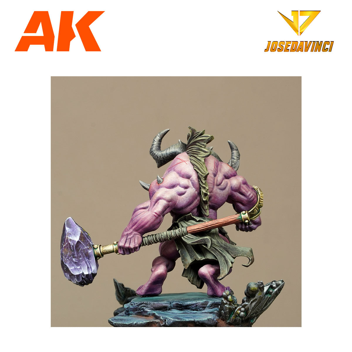 A painted miniature of a muscular purple horned demon holding a large crystal hammer