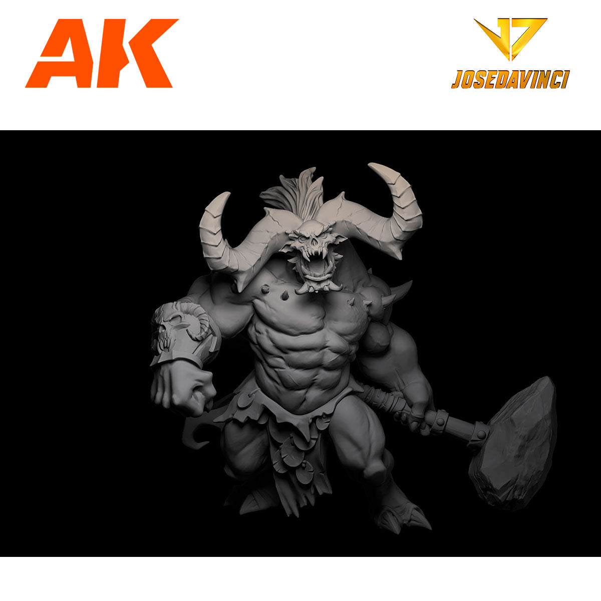 Grey 3D model of a fierce, horned demon holding a large hammer