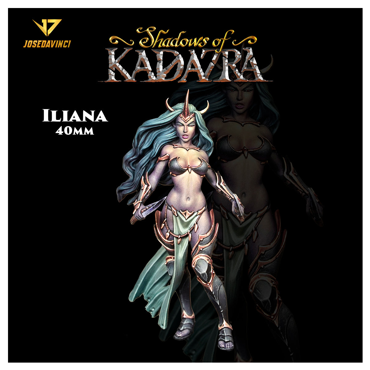 Painted 40mm miniature of Iliana from 'Shadows of Kadavra', a horned blue-haired fantasy character holding a dagger