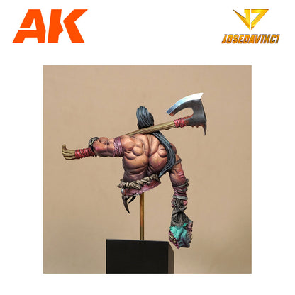 A muscular warrior bust, seen from behind, carrying a large axe over its shoulder and holding a severed green head