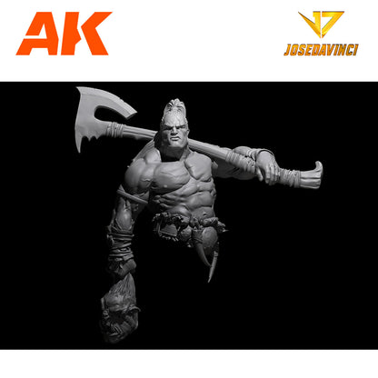 A grey 3D render of a muscular fantasy warrior with a mohawk, holding a large axe over his shoulder and a severed head