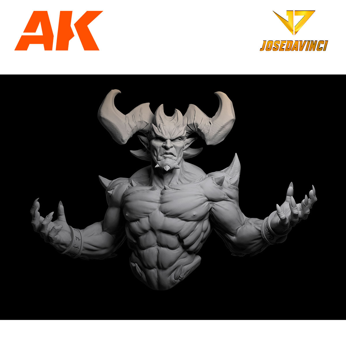Grey 3D sculpt of a muscular, horned demon with a fierce face and outstretched, clawed hands