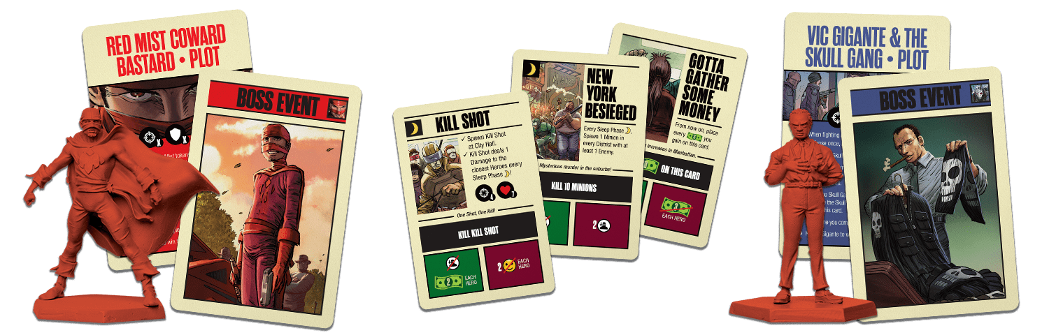 Two red board game miniatures and comic art game cards, featuring masked figures and a man with a cigar