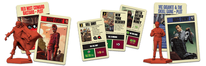 Two red board game miniatures and comic art game cards, featuring masked figures and a man with a cigar