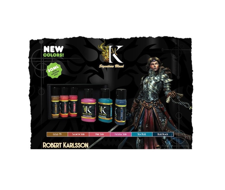 Kimera Kolors Signature Set: R. Karlsson - Dark Fairy Tales in gold, skin tones, and blues, displayed with a painted fantasy figure