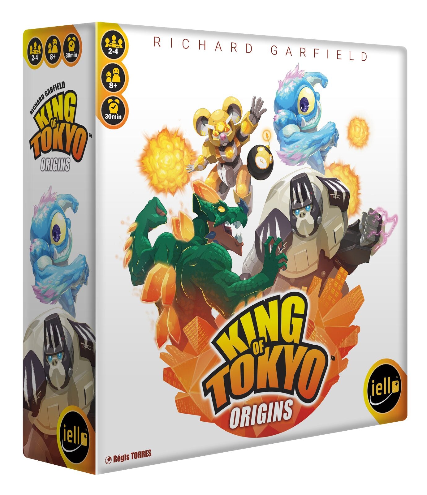 King of Tokyo Origins board game box. Four diverse monsters battle amidst orange city ruins and energy blasts.