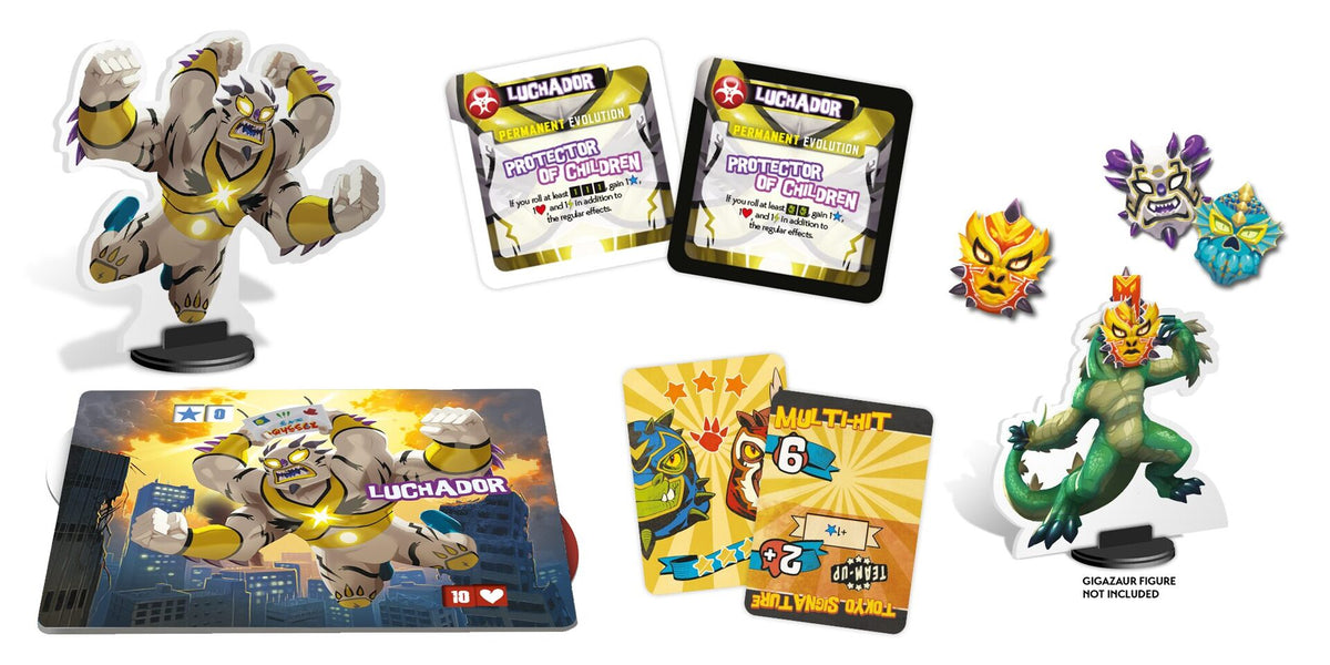 Luchador monster board game components: muscular beast and dragon figures, character evolution cards, and mask tokens.