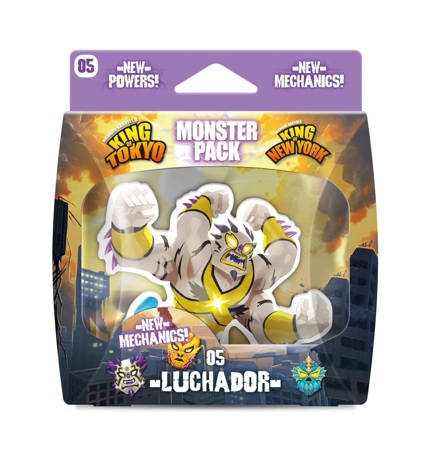 King of Tokyo/New York Monster Pack 05 Luchador, a white and yellow wrestling monster in an action pose against a ruined city.