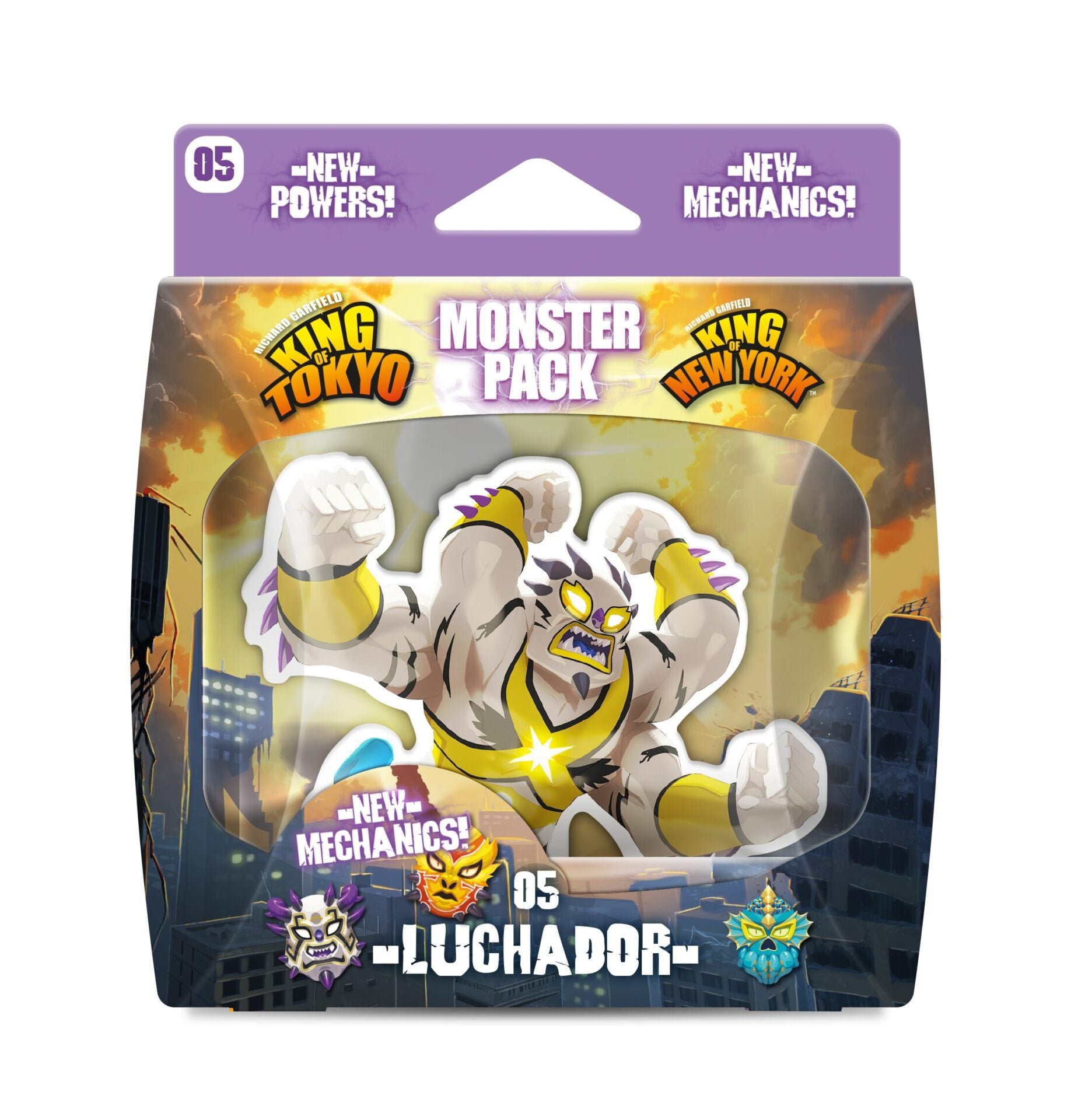 King of Tokyo/New York Monster Pack 05 Luchador, a white and yellow wrestling monster in an action pose against a ruined city.