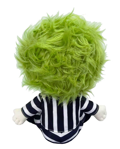 The back of a Beetlejuice plush toy is visible, featuring a large mass of bright lime green shaggy hair above a black and white striped jacket