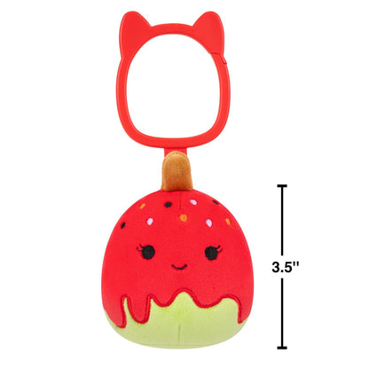 Squishmallows Keir candy apple clip with red and green plush and cat-ear keyring with showing dimension