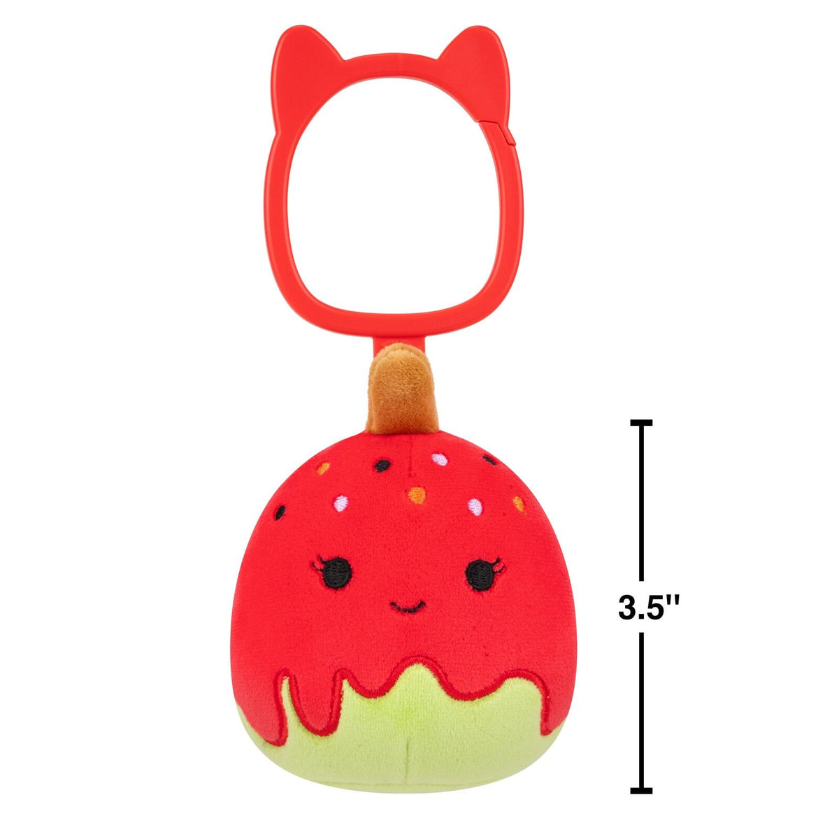 Squishmallows Keir candy apple clip with red and green plush and cat-ear keyring with showing dimension