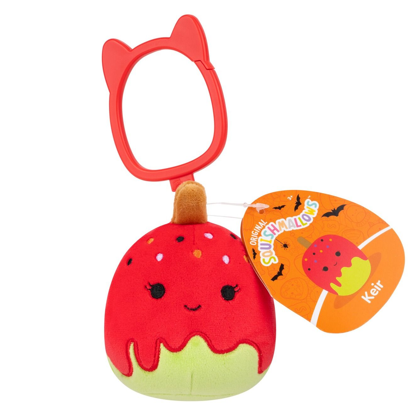 Squishmallows Keir candy apple clip with red and green plush and cat-ear keyring with tag