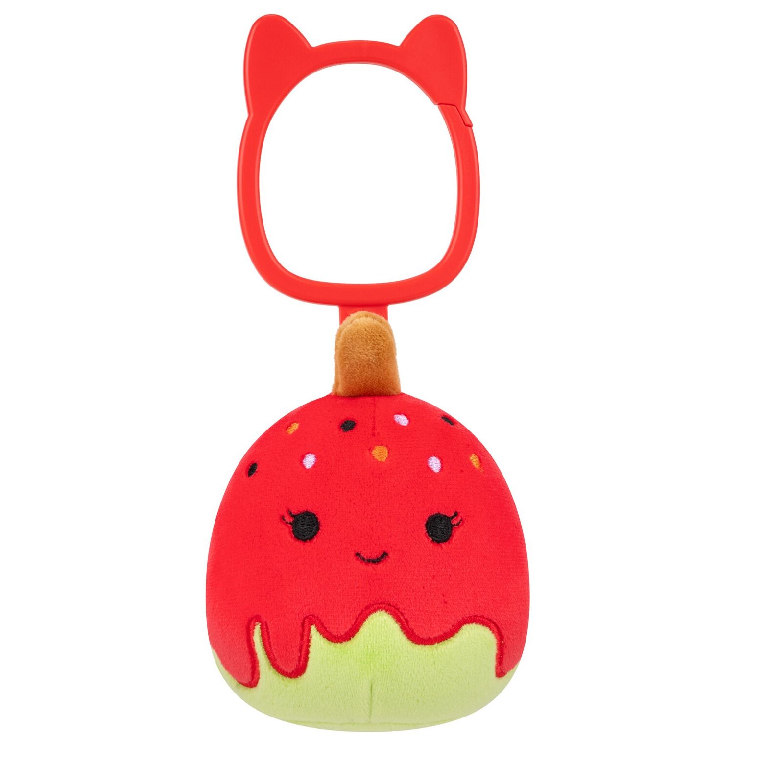 Squishmallows Keir candy apple clip with red and green plush and cat-ear keyring
